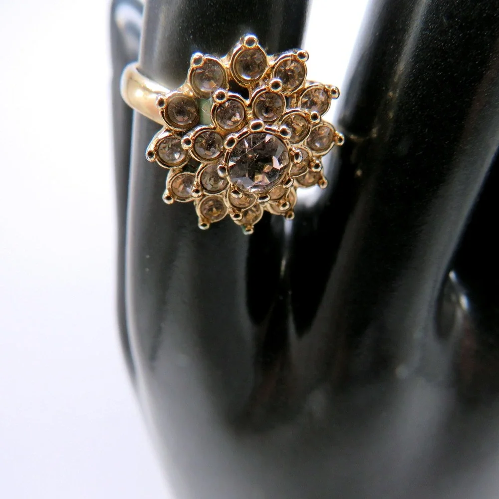 Vintage Gold Tone Smoky Champagne Rhinestone Sunburst Floral Cocktail Ring 7.5